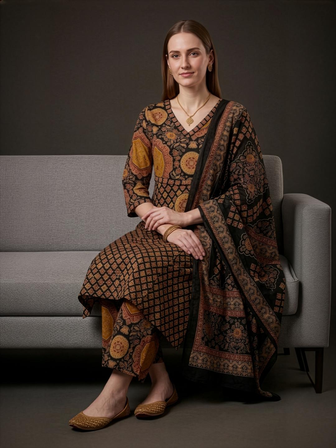 Black Printed Cotton Kurta Set Women Wear Wholesale Manufacturer