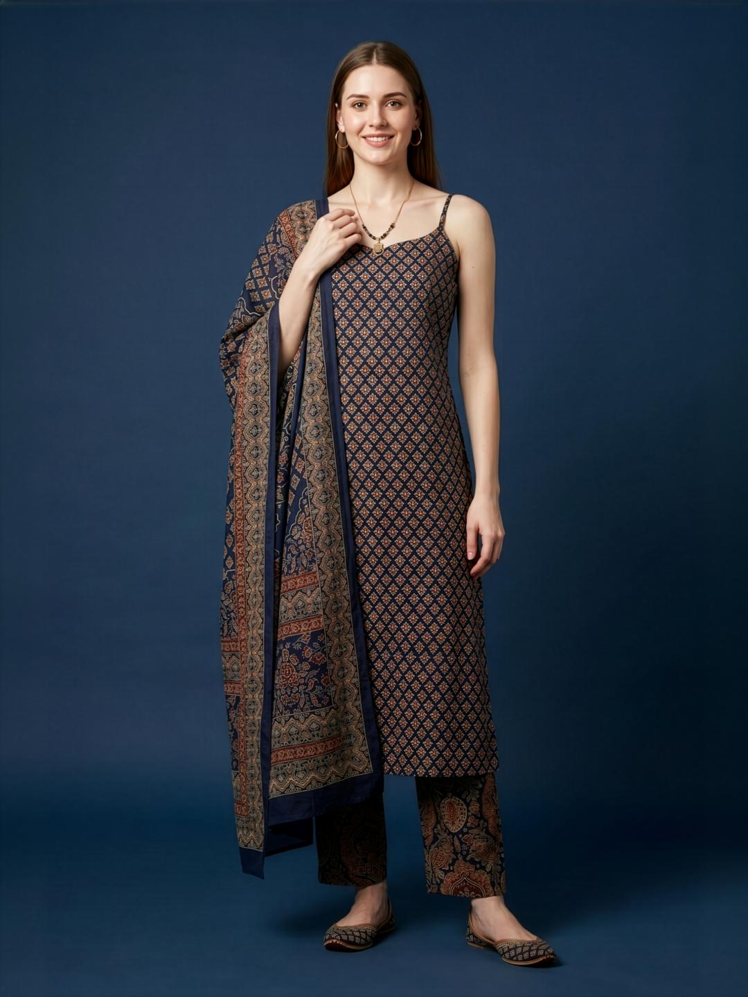 Wholesale Navy Blue Printed Cotton Kurta Set with Dupatta Manufacturer India