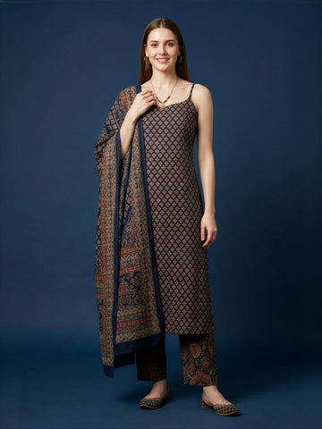 Wholesale Navy Blue Printed Cotton Kurta Set with Dupatta Manufacturer India