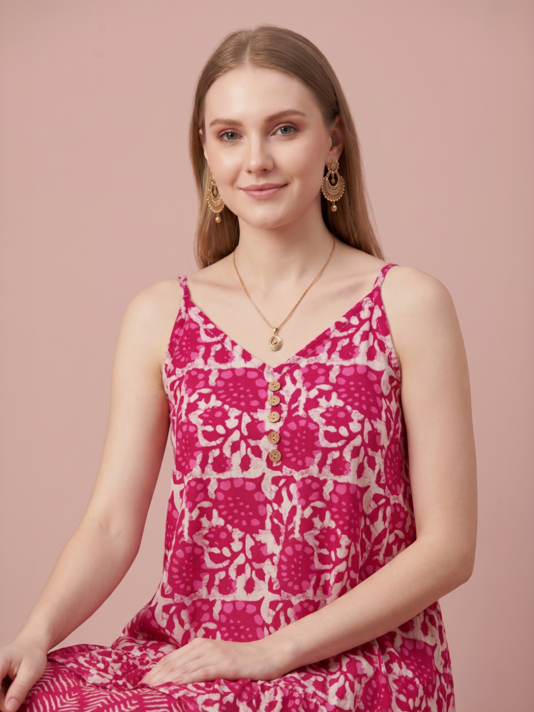 Pink Printed Cotton Middy Dress with Layered Flare Hem