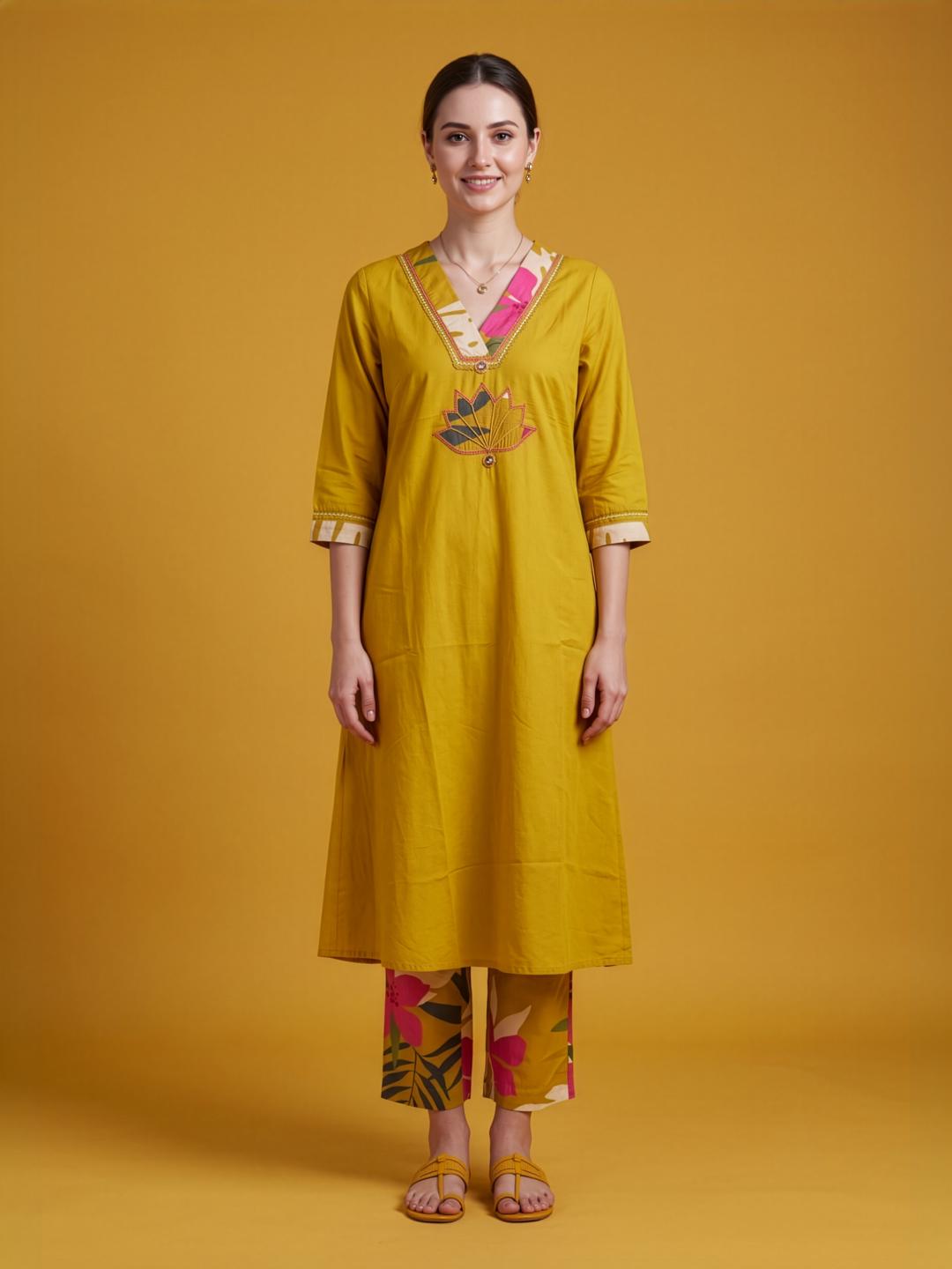 Mustard Cotton Kurta Set Women Wear Wholesale Manufacturer India