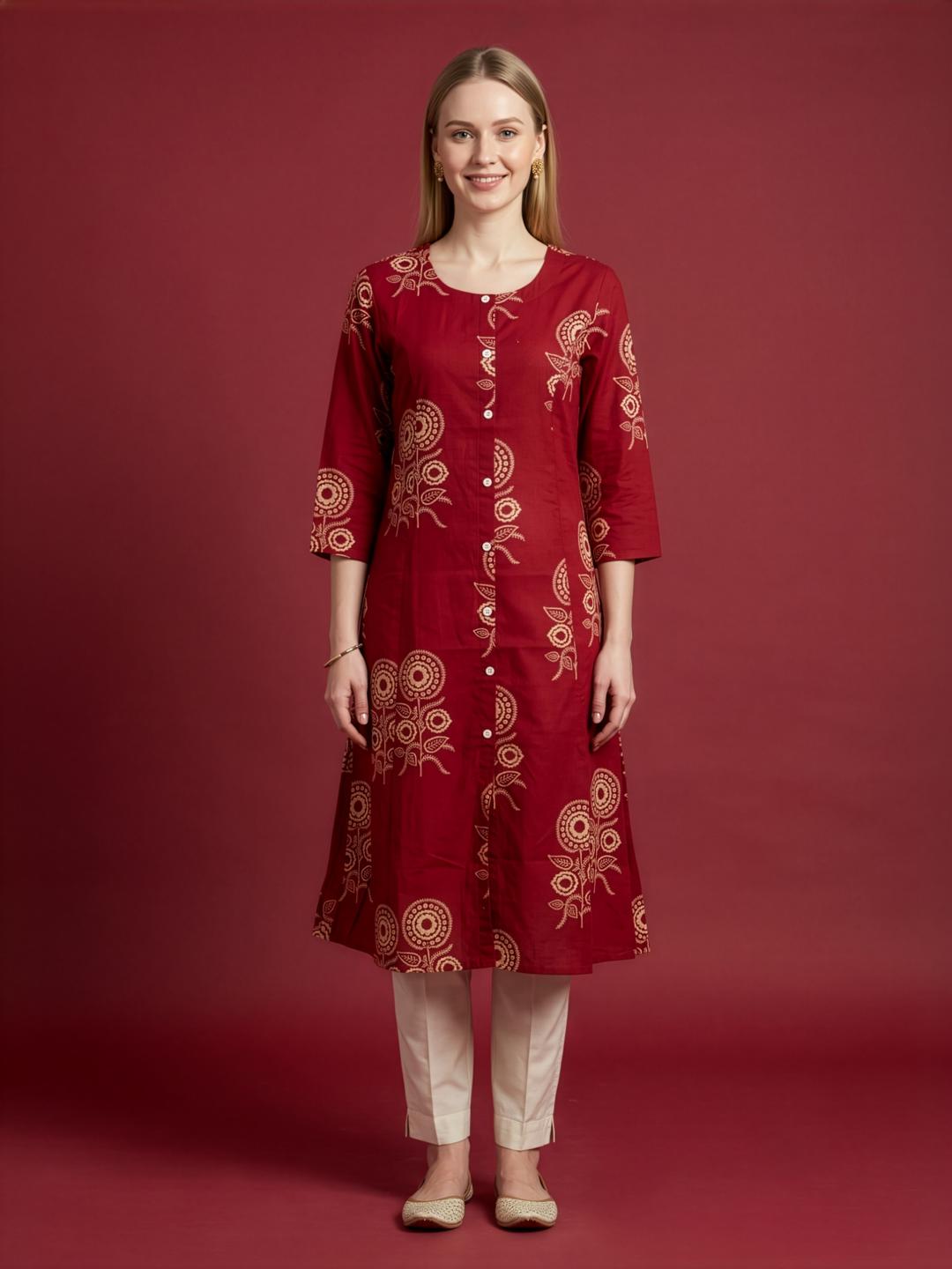 Red Printed Cotton Kurti Women Wear Wholesale Manufacturer India