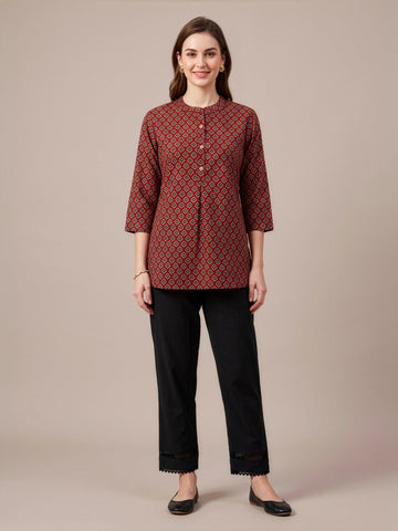 Red Ajrakh Printed Pure Cotton Top Women Wear Wholesale Manufacturer India