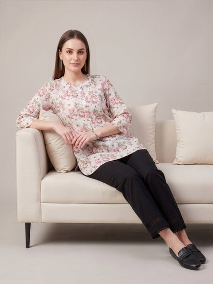 White Printed Jute Cotton Top Women Wear Wholesale Manufacturer India