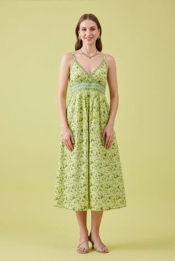 Elegant Lime Green Printed Cotton Midi Dress Wholesale for Women
