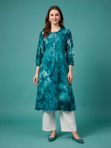 Teal Blue Printed Rayon Kurta Set Cotton Palazzo Wholesale Manufacturer India