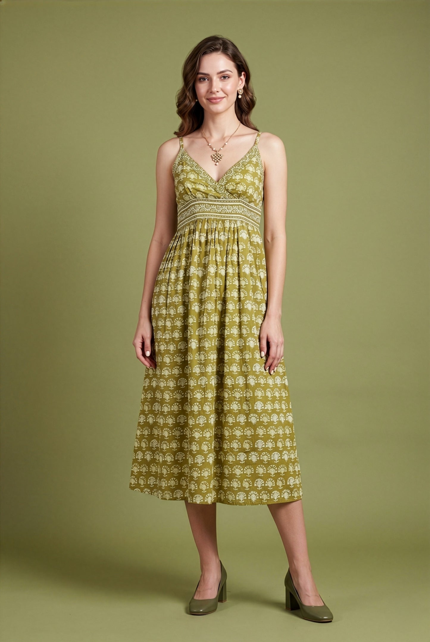 women wear wholesale manufacturer India olive cotton printed dress