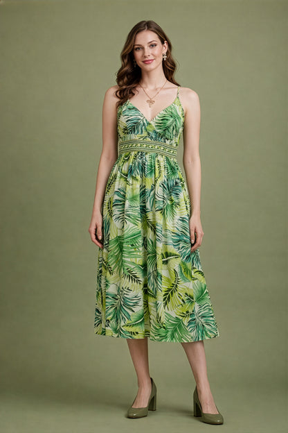 Green Cotton Printed Middy Dress Women Wear Manufacturer