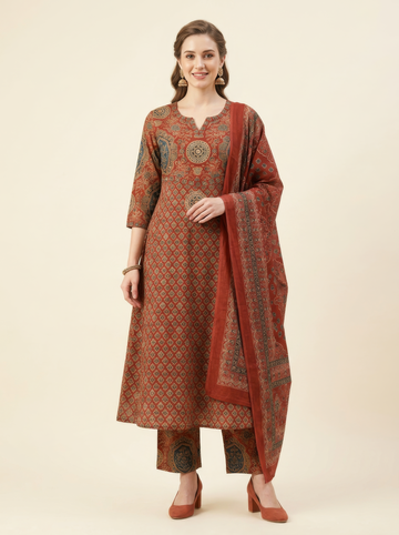 Elegant Rust Printed Cotton Dupatta Set Wholesale Women Wear Collection