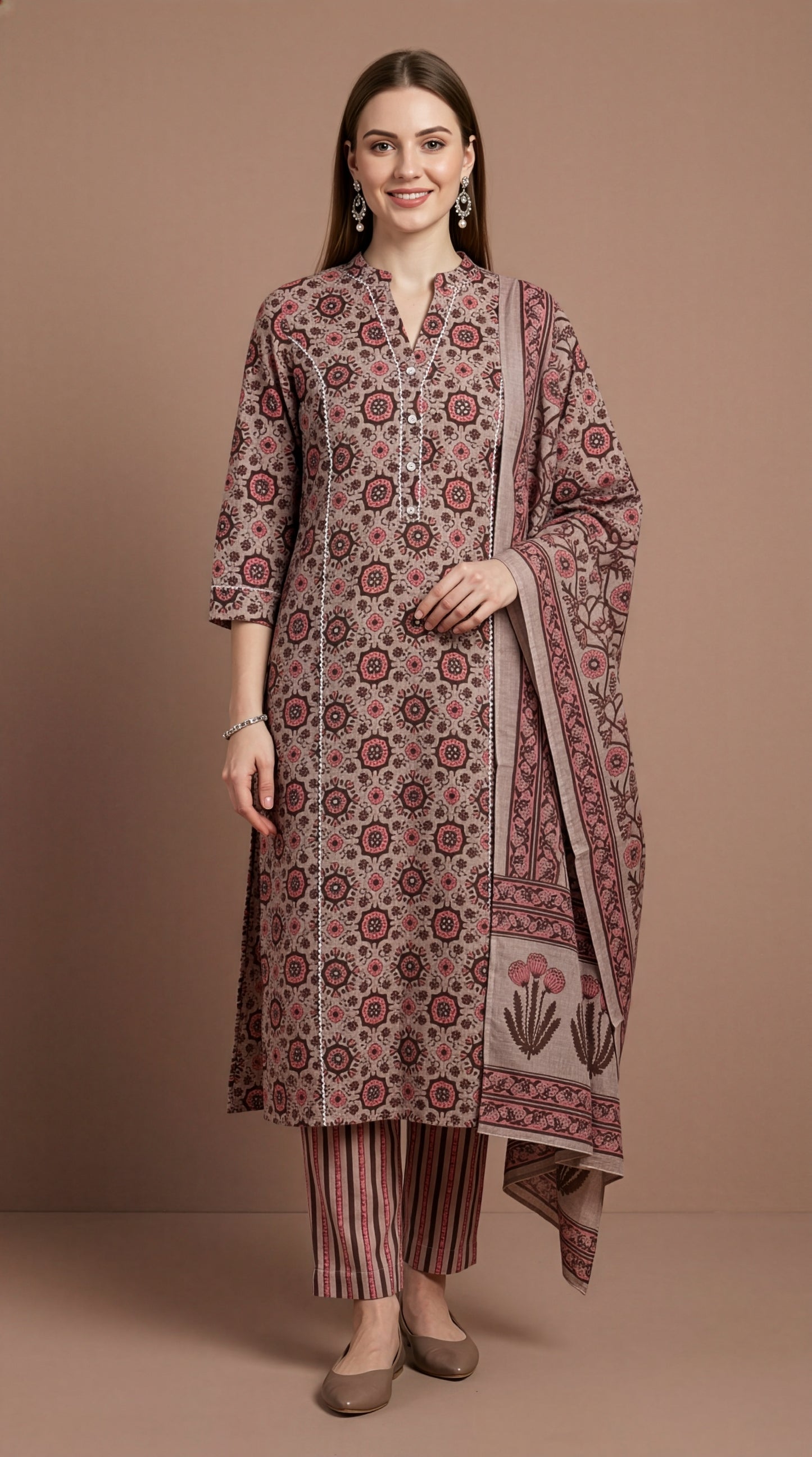 direct garment manufacturer women wear factory beige cotton ethnic set