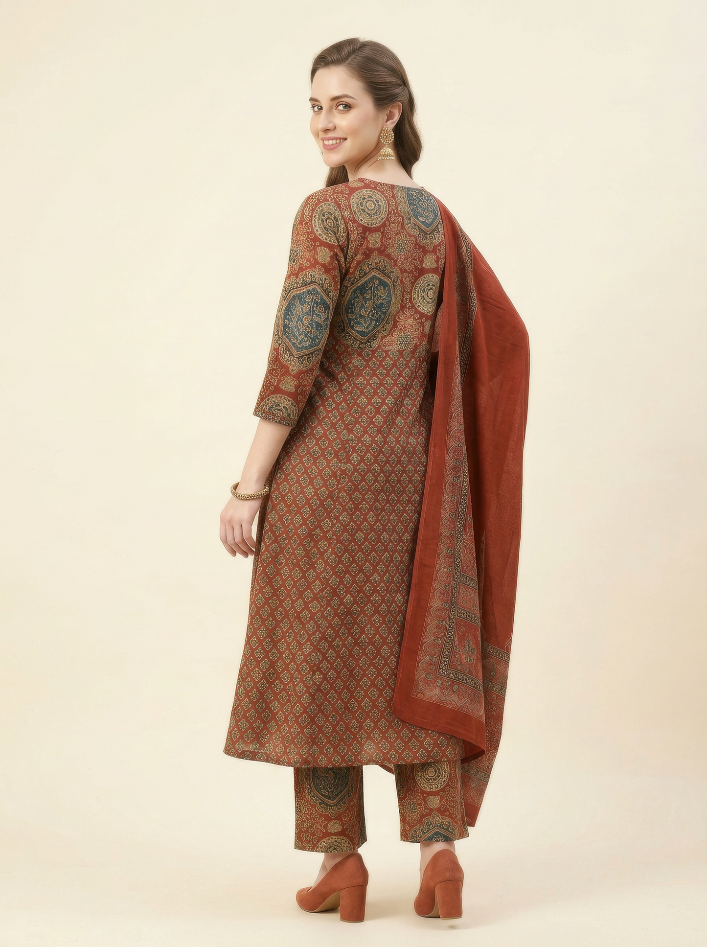 Elegant Rust Printed Cotton Dupatta Set Wholesale Women Wear Collection