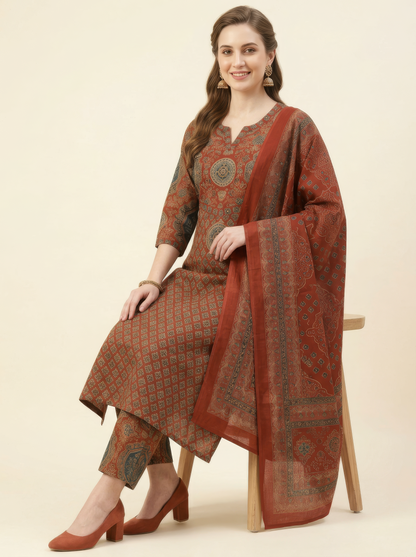 Elegant Rust Printed Cotton Dupatta Set Wholesale Women Wear Collection