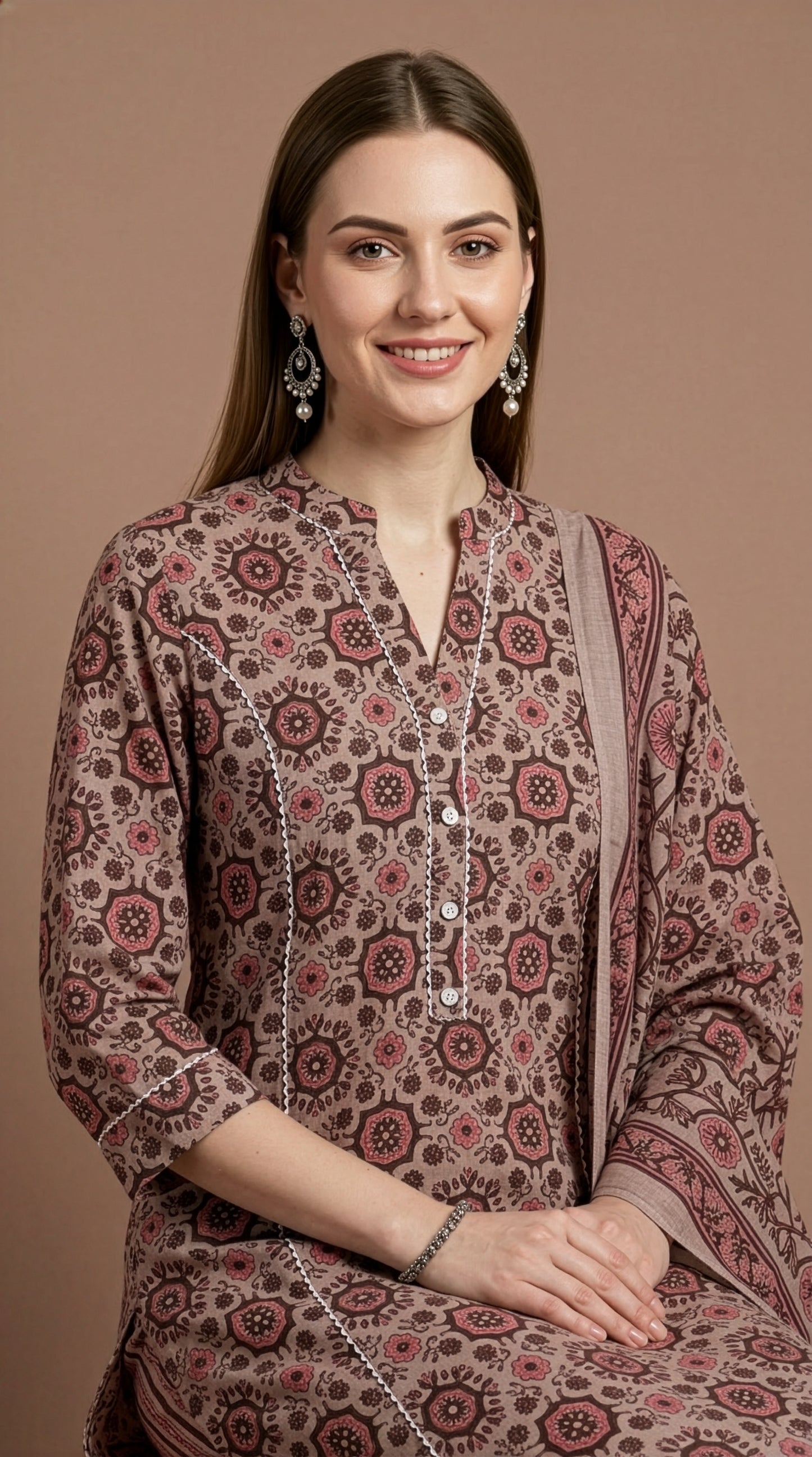 women wear wholesale manufacturer India beige cotton dupatta set