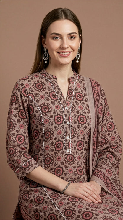 women wear wholesale manufacturer India beige cotton dupatta set