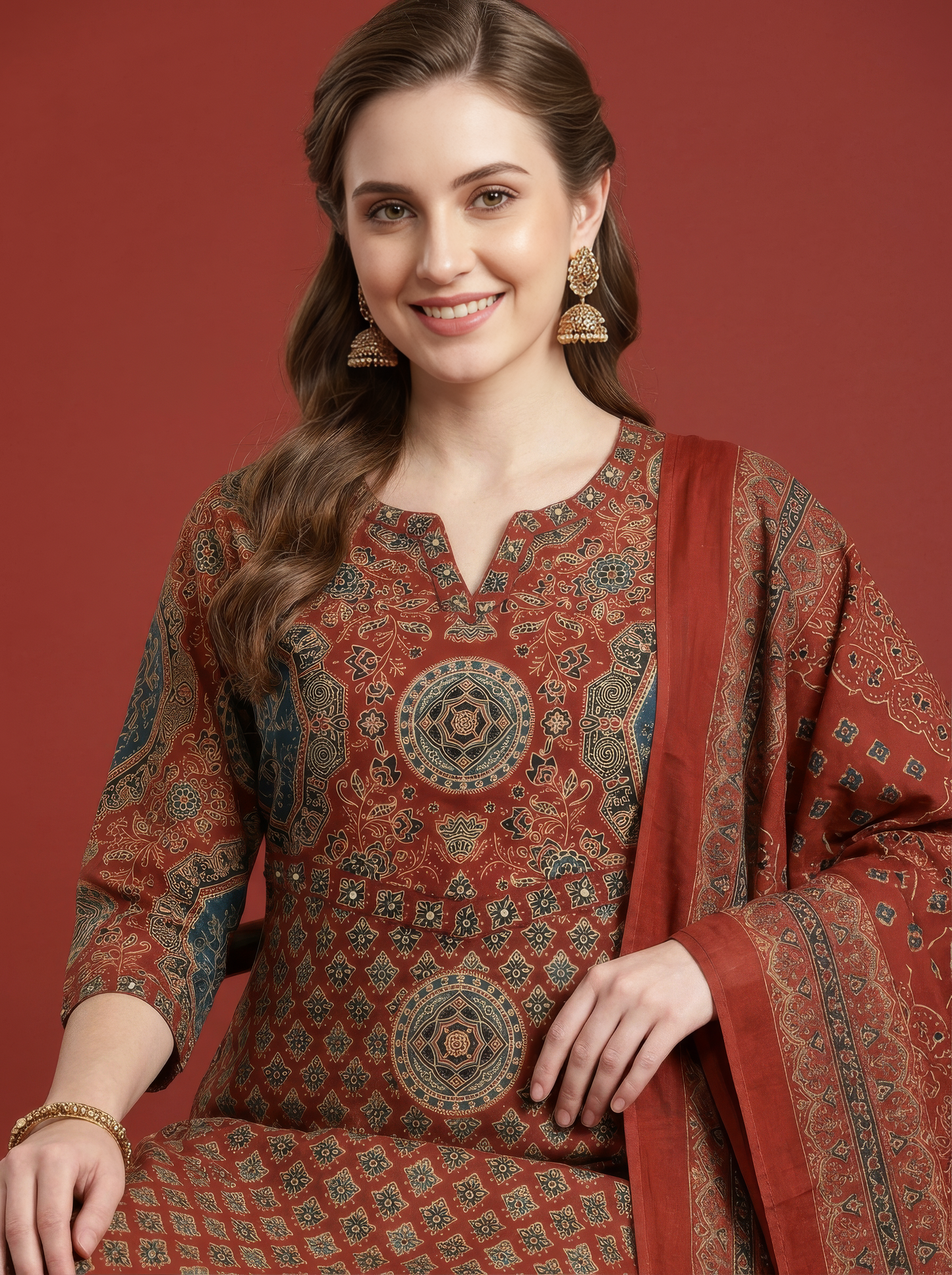 Elegant Rust Printed Cotton Dupatta Set Wholesale Women Wear Collection