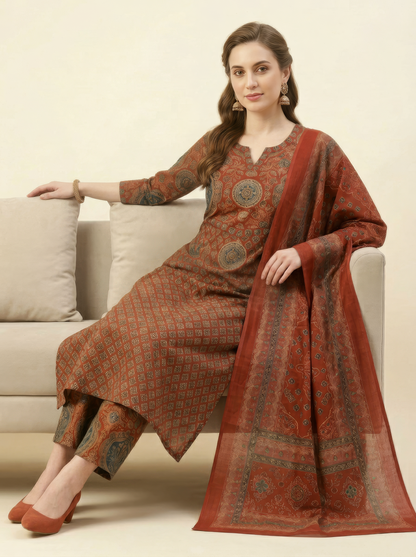 Elegant Rust Printed Cotton Dupatta Set Wholesale Women Wear Collection