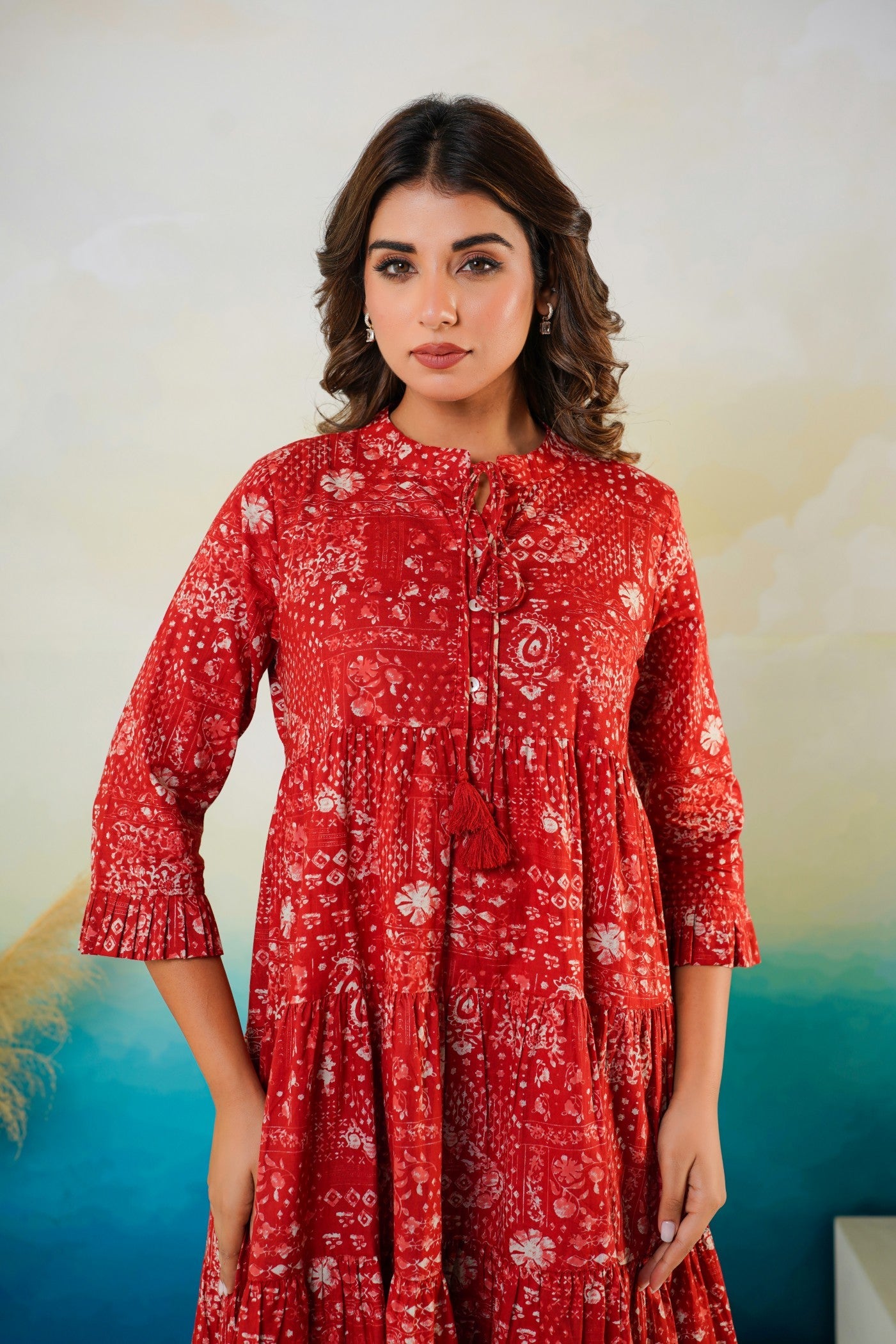 Floral printed red cotton midi dress Neelufer Creation