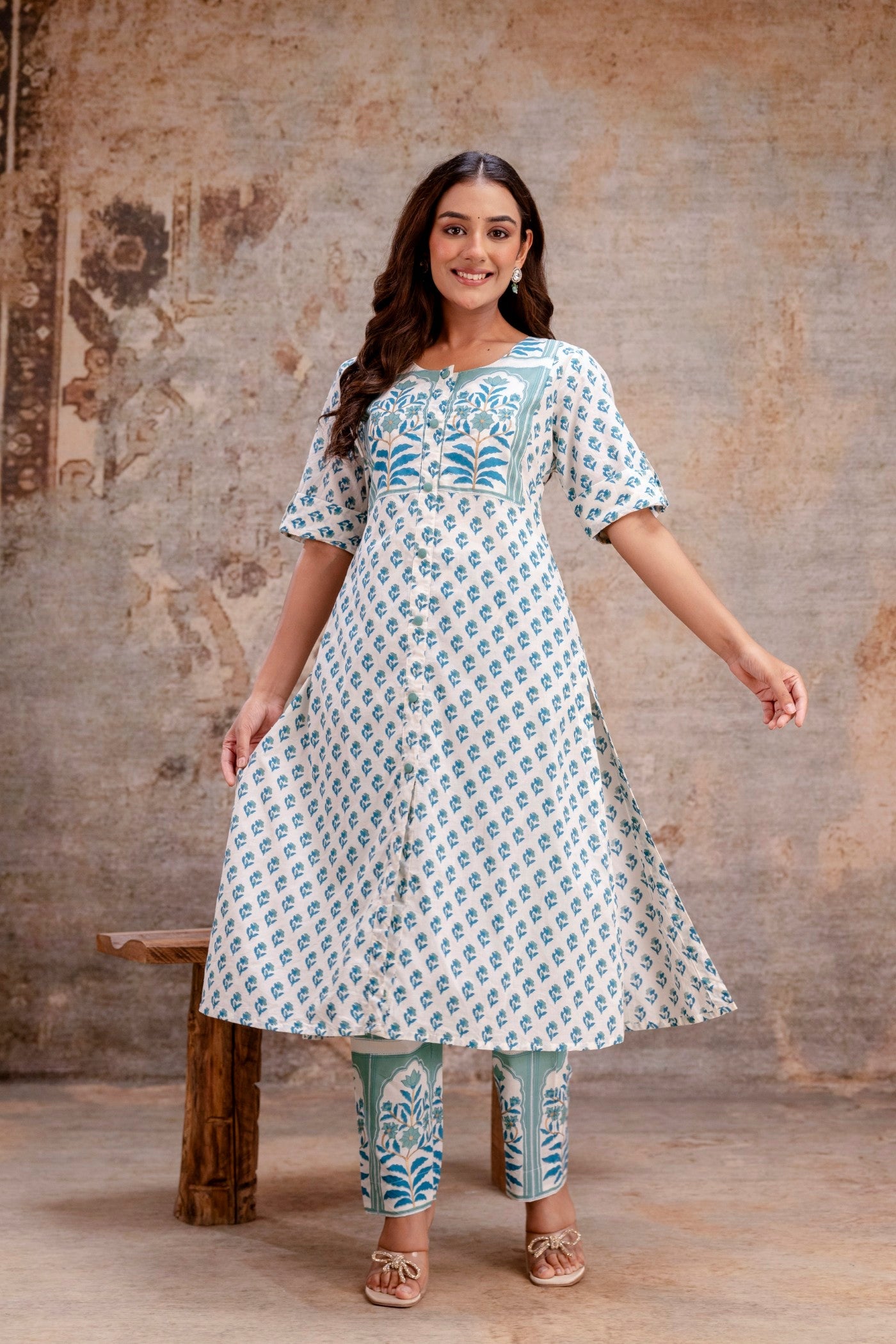 Floral block printed kurta pant ethnic wear