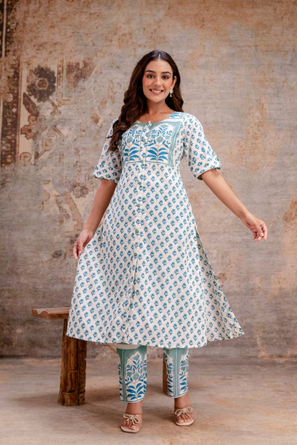 Floral block printed kurta pant ethnic wear