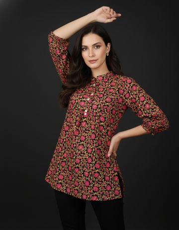 Kashvi Black Floral Jaipuri Cotton Top – Wholesale Women Wear