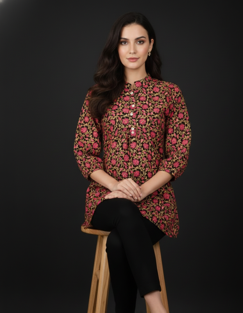 Kashvi Black Floral Jaipuri Cotton Top – Wholesale Women Wear