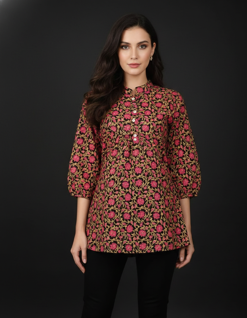 Kashvi Black Floral Jaipuri Cotton Top – Wholesale Women Wear