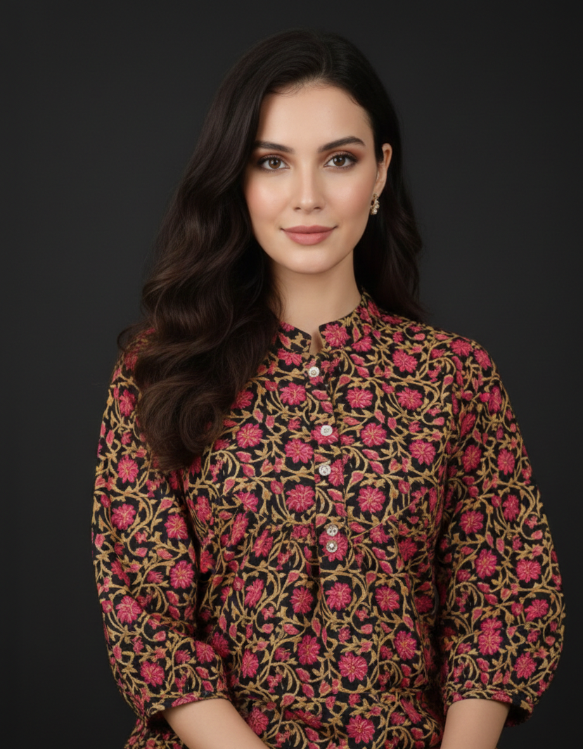 Woman wearing a patterned dress against a black background