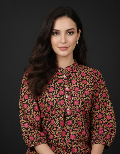 Woman wearing a patterned dress against a black background