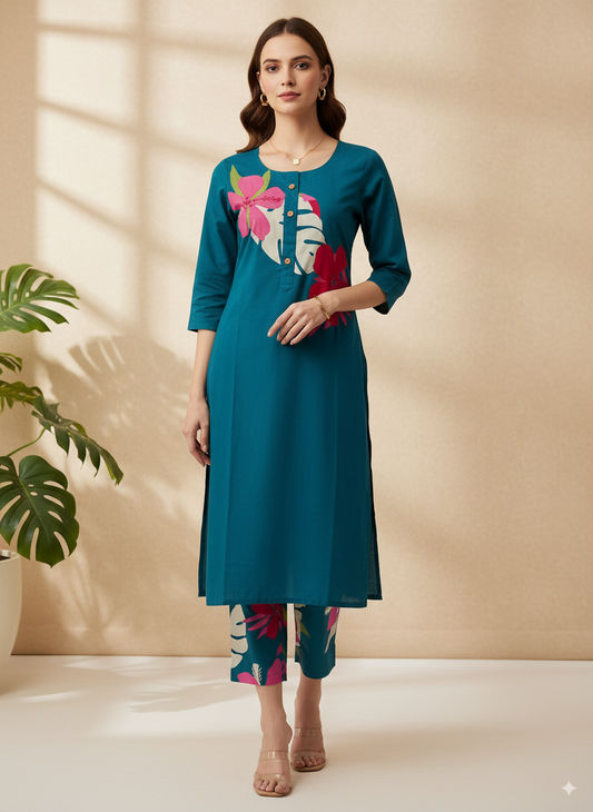 Neelufer Creation teal cotton kurta set