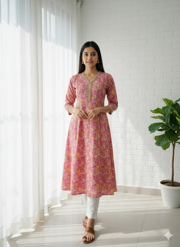 Pink Floral Pure Cotton Kurta Only – Women Wear Wholesale Manufacturer
