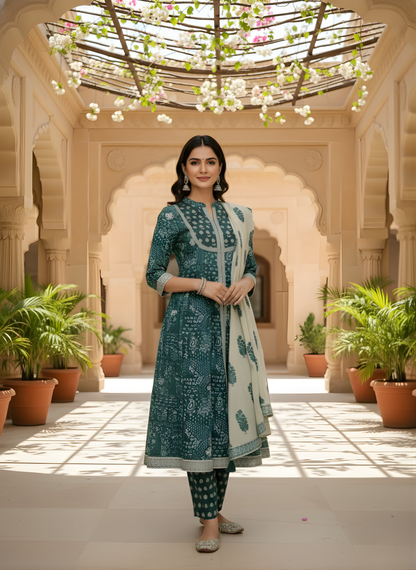 Wholesale women cotton kurta pant dupatta set teal green