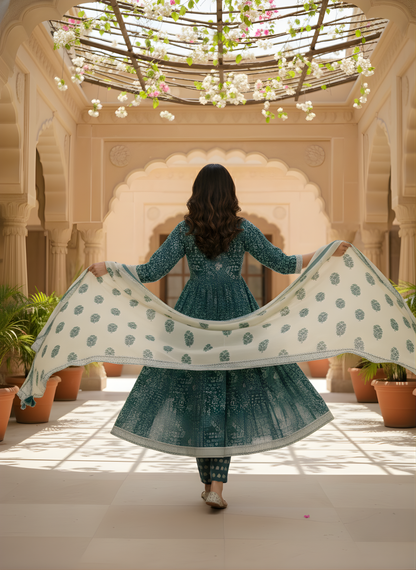 Teal green ethnic cotton dupatta set women
