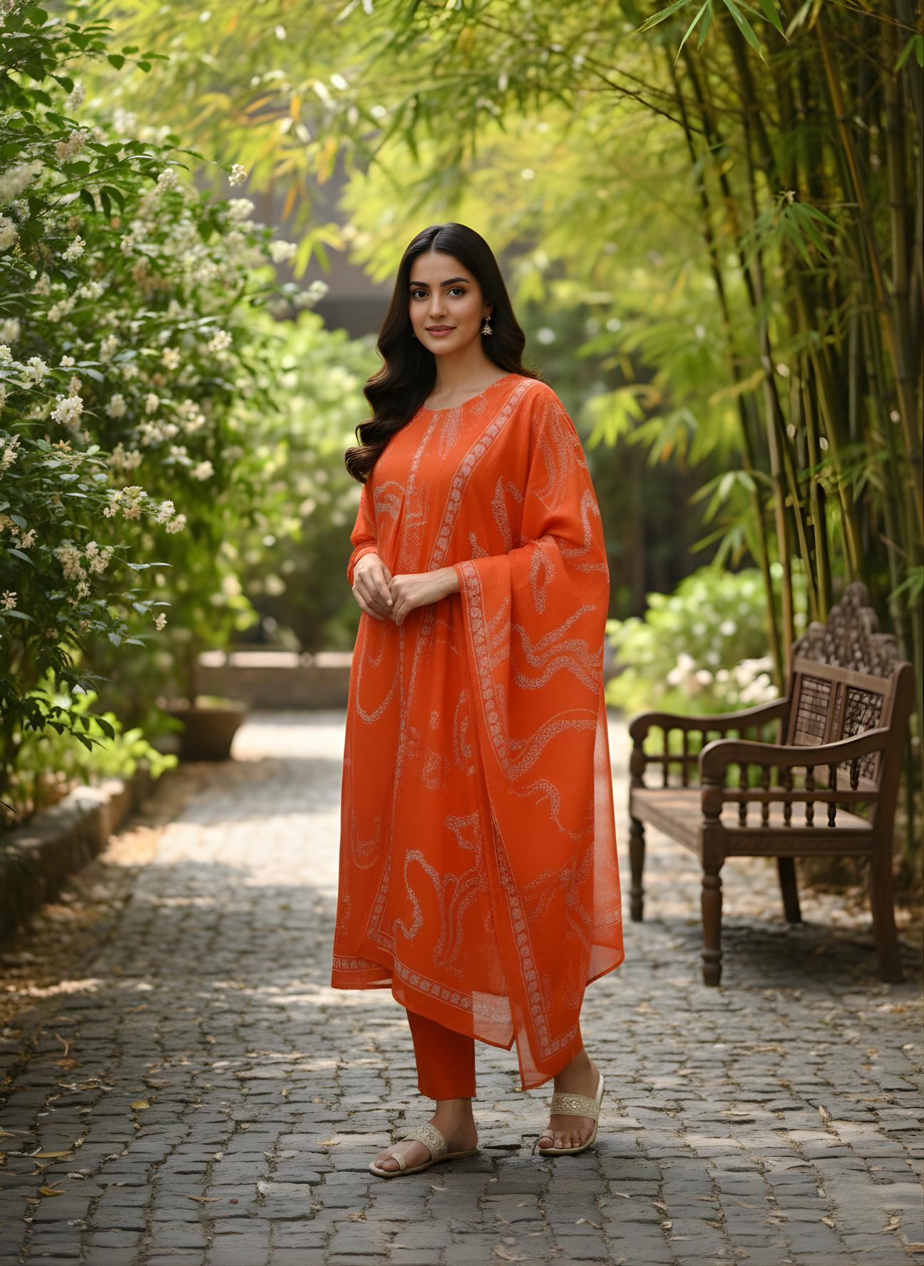Woman in an orange traditional outfit standing in a garden with greenery and a bench.