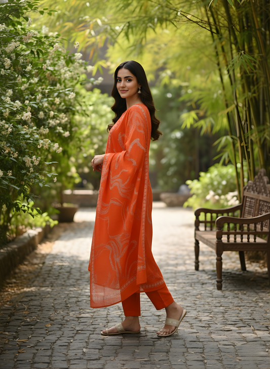 Wholesale women cotton kurta pant dupatta set orange