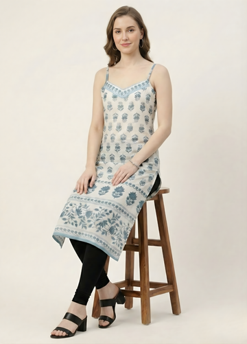 Ivory blue printed mul cotton kurti wholesale manufacturer