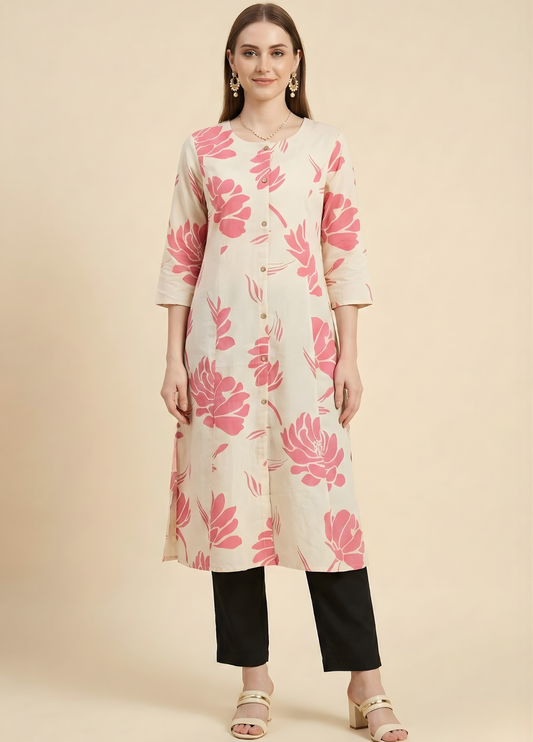 Cream pink floral cotton kurti wholesale manufacturer