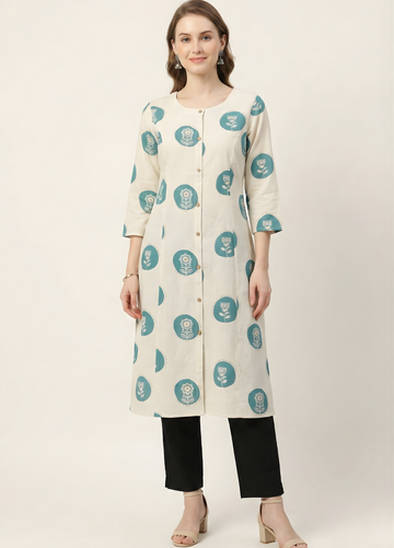 Ivory teal printed cotton kurti wholesale manufacturer