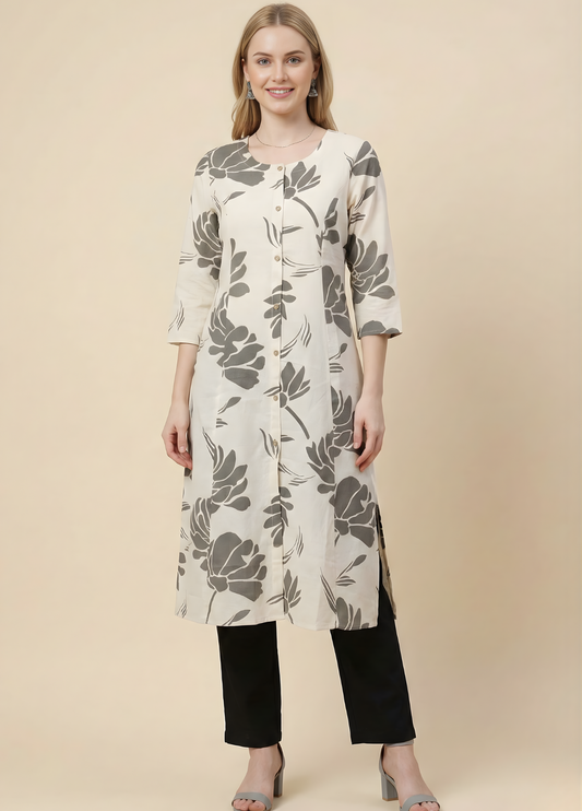 Ivory grey floral cotton kurti wholesale manufacturer