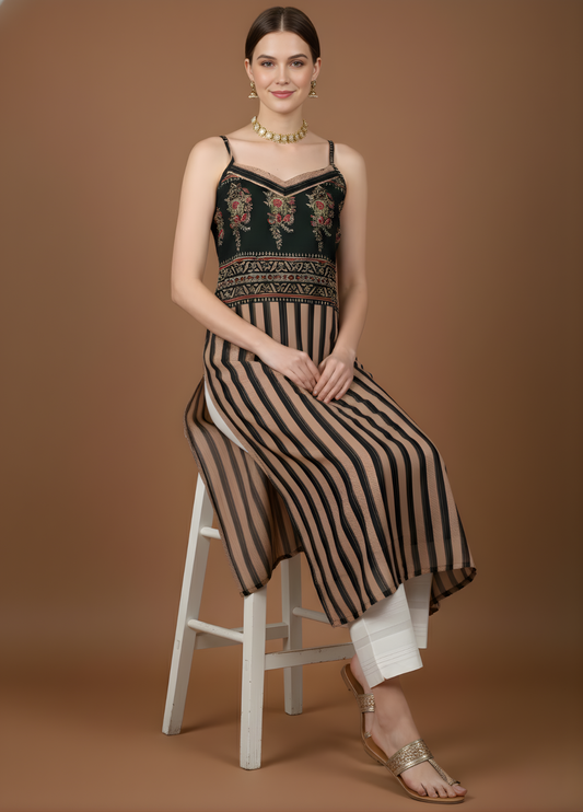Black beige striped mul cotton kurti wholesale manufacturer