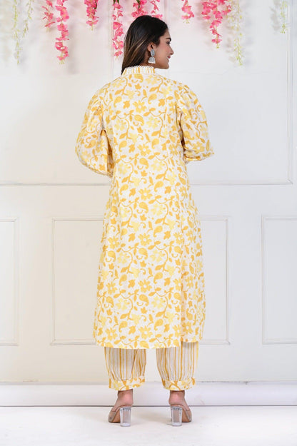 Wholesale women cotton kurta pant dupatta set yellow