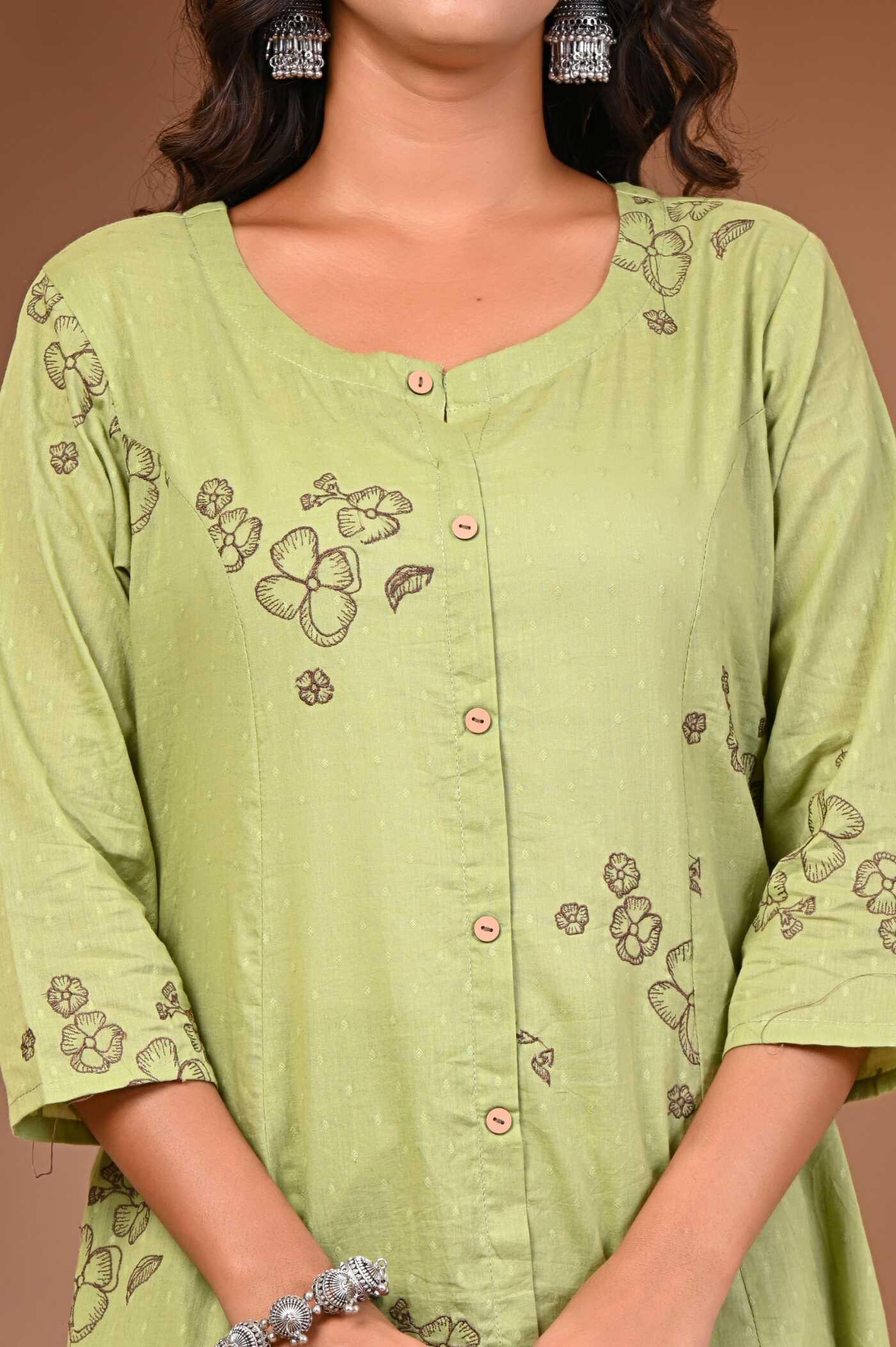 Olive green cotton kurta pant set front view | Neelufer Creation