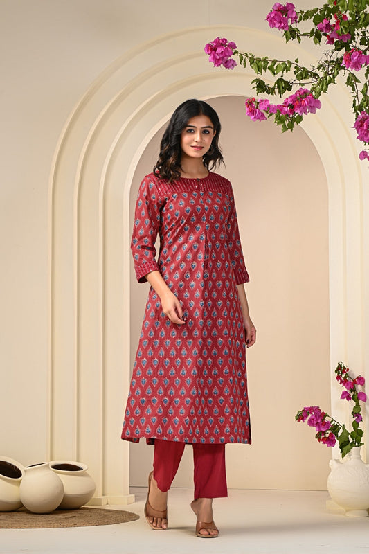 Wholesale women cotton kurta pant set maroon