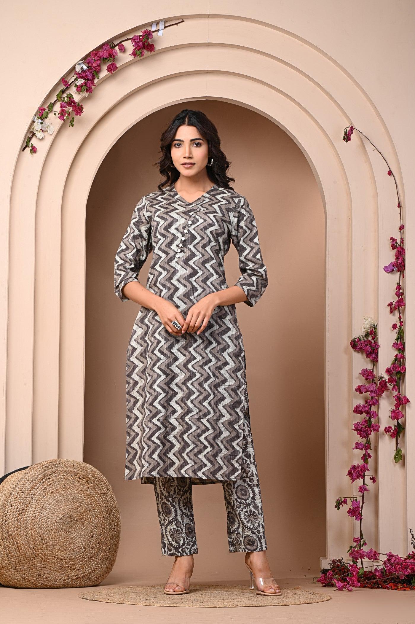 Neelufer Creation grey katha print cotton kurta set
