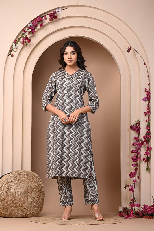 Neelufer Creation grey katha print cotton kurta set
