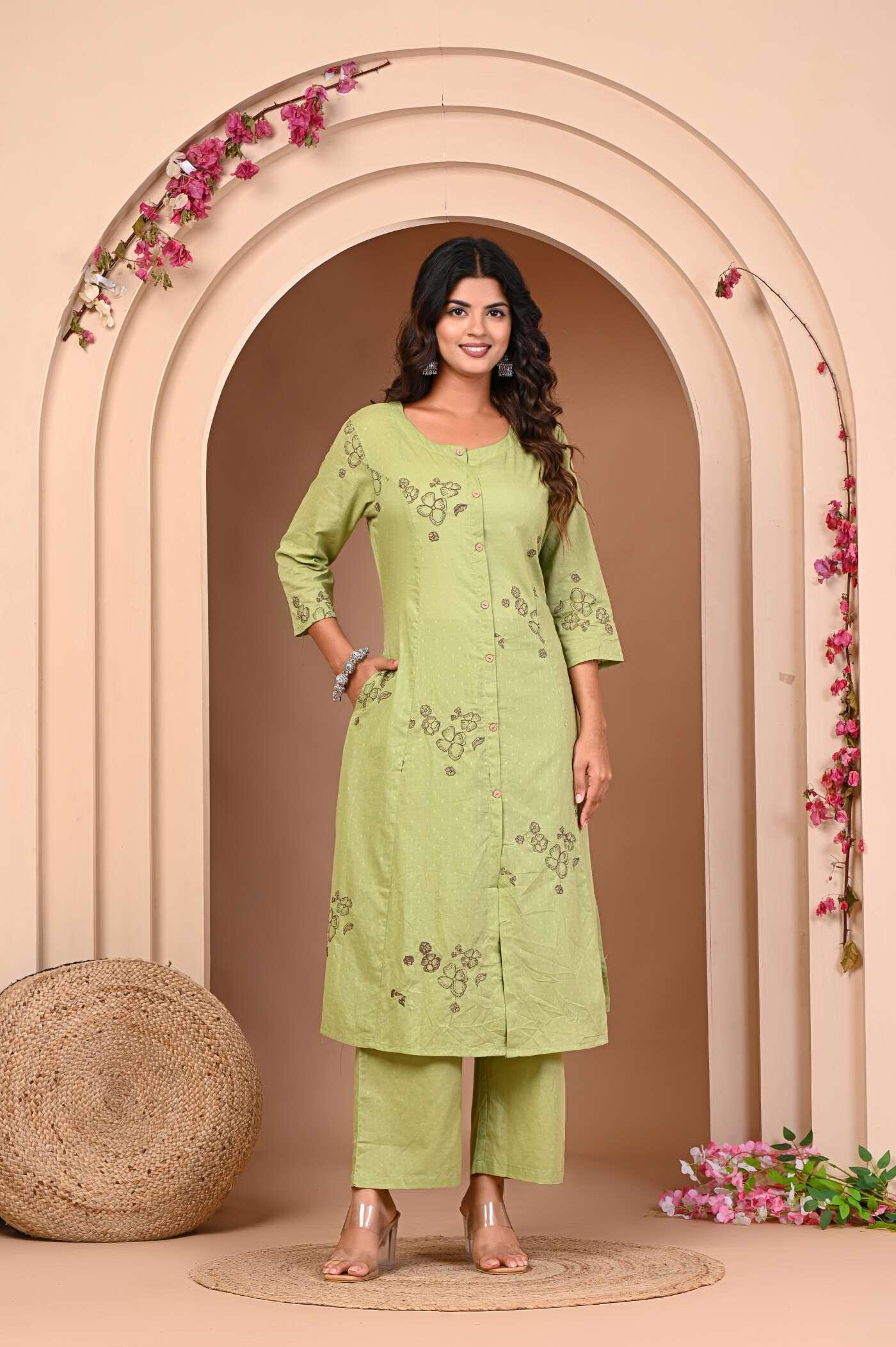 Neelufer Creation olive green pure cotton kurta set for women