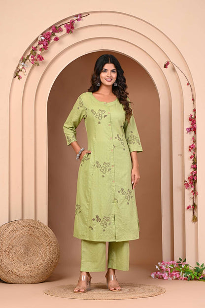 Neelufer Creation olive green pure cotton kurta set for women