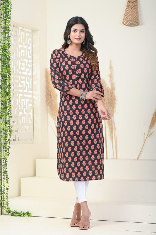 Ladies black floral cotton kurti daily wear