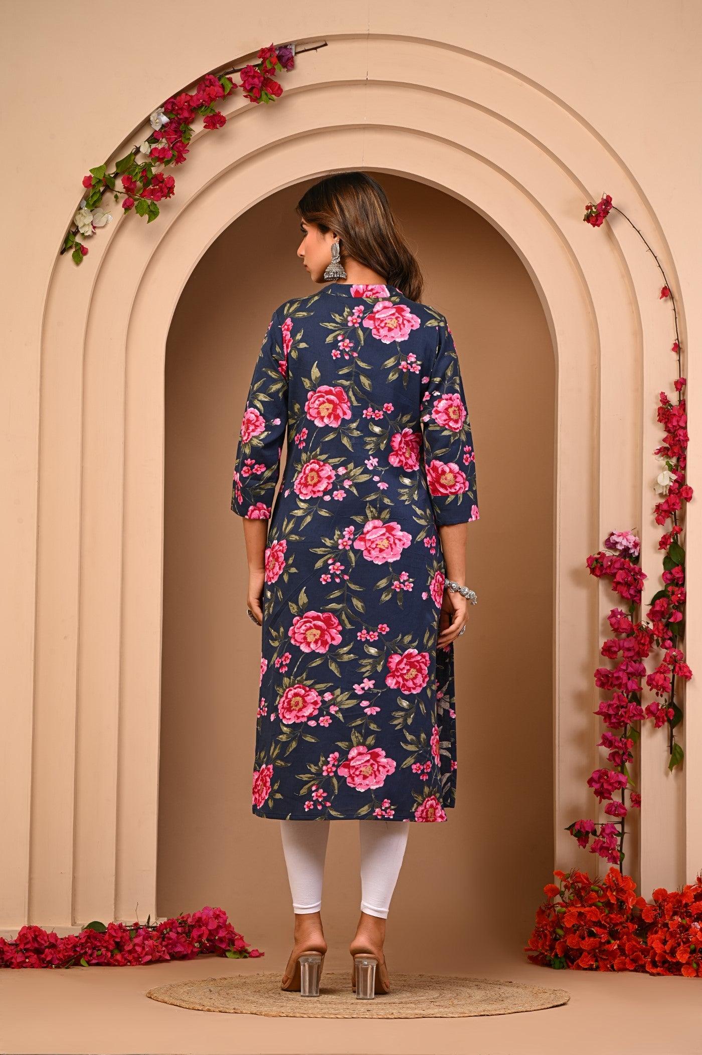 Navy floral cotton kurti manufacturer India