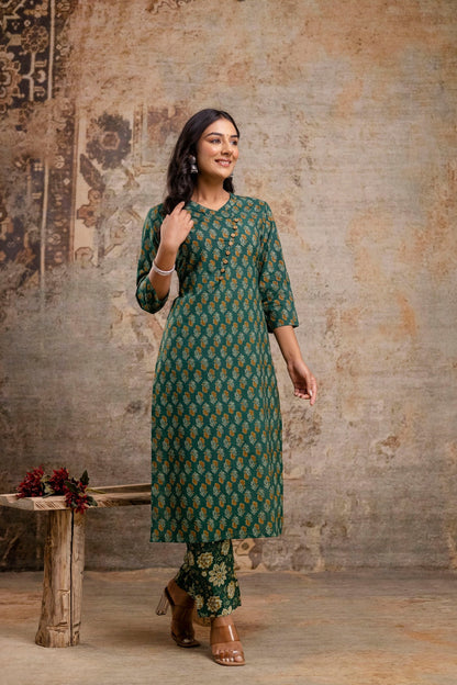 Wholesale women cotton kurta pant set green