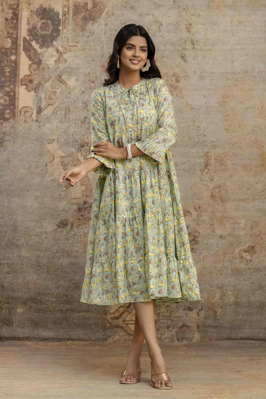 Neelufer Creation printed cotton Midi Dress for Women